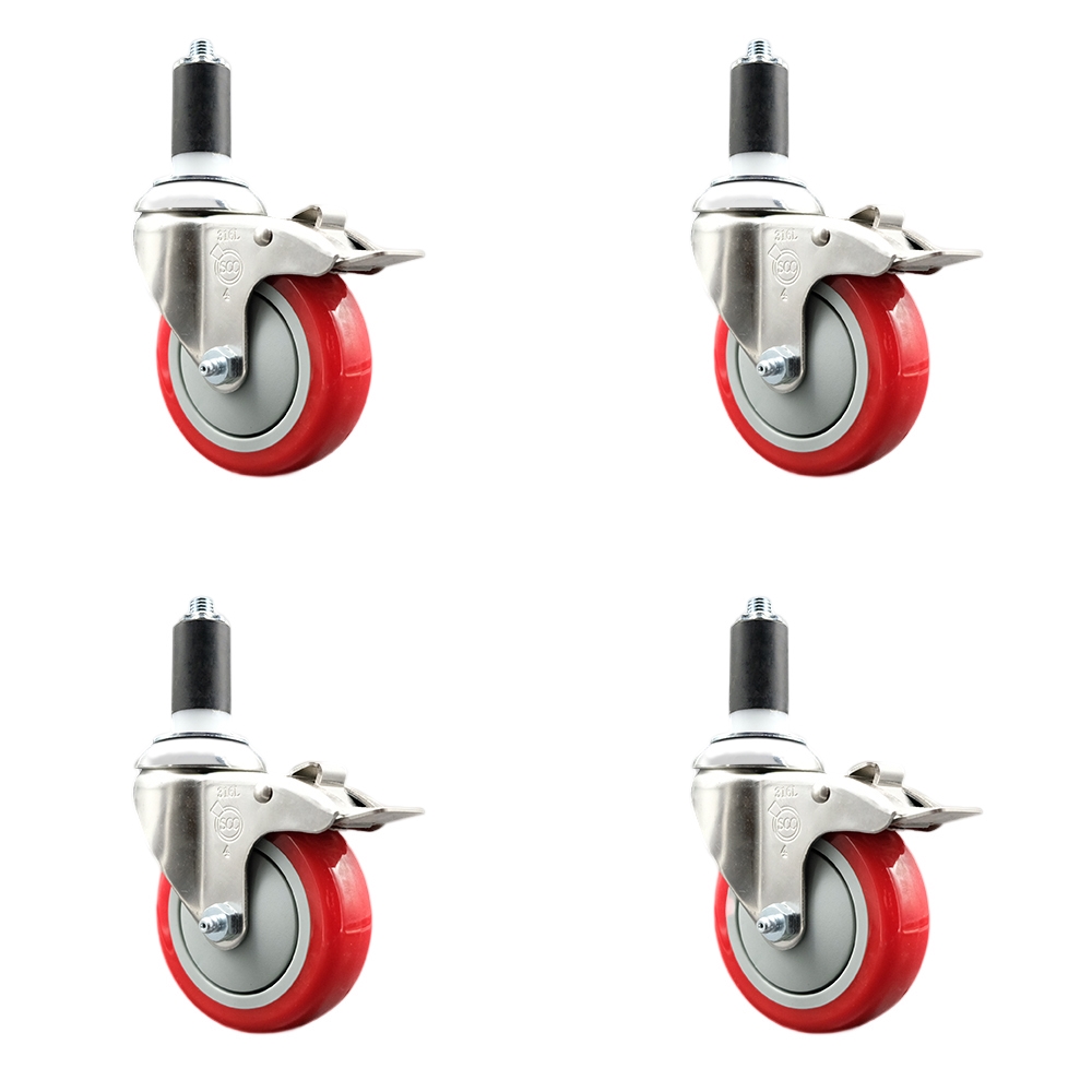 Polyurethane Swivel Stem Caster Set of 4 with 4 Inch Red Caster Wheels - 1-1/4" Expanding Stems - 316 Stainless Steel Casters - Includes 4 Swivel Casters with Total Lock Brakes- Service Caster Brand — photo 1