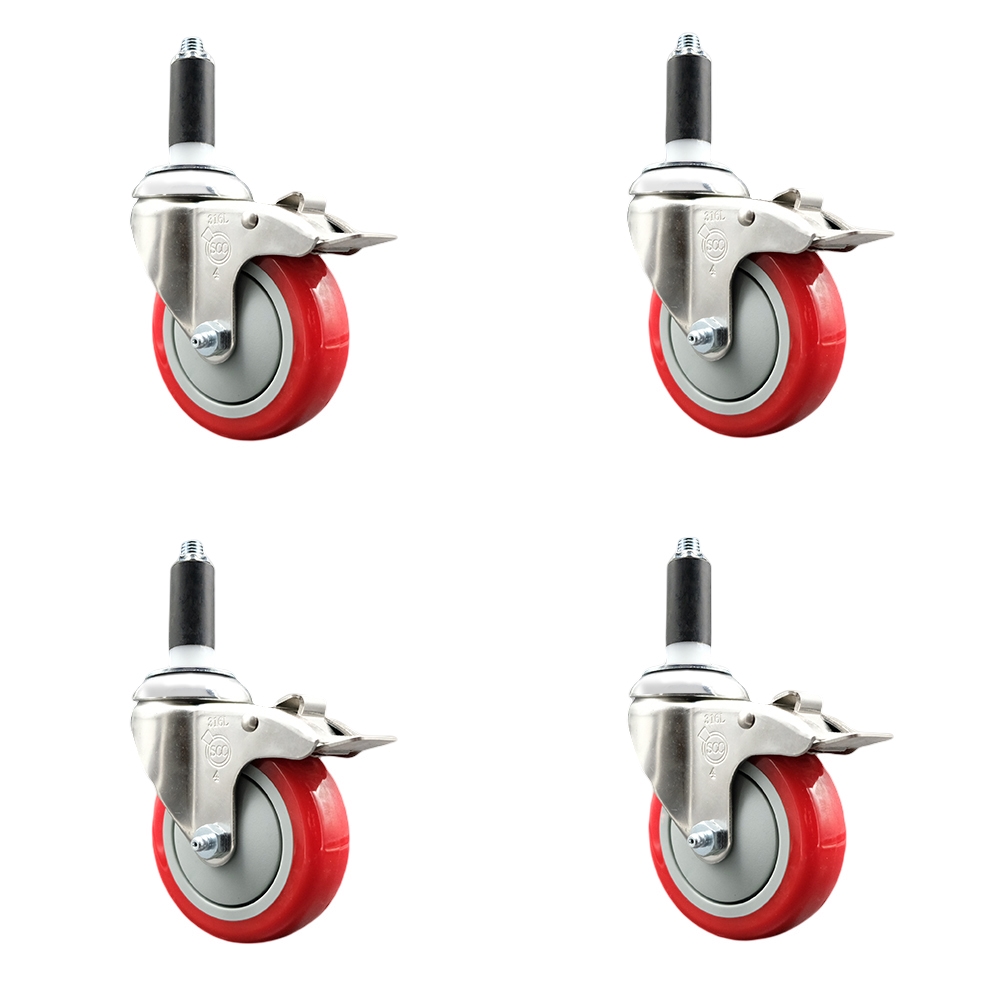 Polyurethane Swivel Stem Caster Set of 4 with 4 Inch Red Caster Wheels - 1-1/8" Expanding Stems - 316 Stainless Steel Casters - Includes 4 Swivel Casters with Total Lock Brakes- Service Caster Brand — photo 1