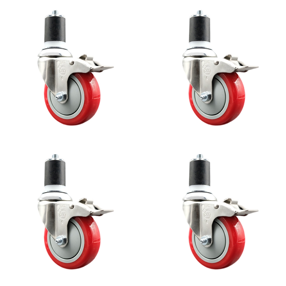 Polyurethane Swivel Stem Caster Set of 4 with 4 Inch Red Caster Wheels - 1-3/4" Expanding Stems - 316 Stainless Steel Casters - Includes 4 Swivel Casters with Total Lock Brakes- Service Caster Brand — photo 1