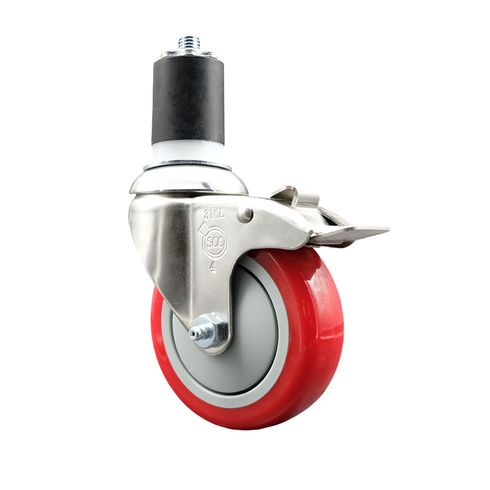 Polyurethane Swivel Stem Caster with 4 Inch Red Caster Wheel and Total Lock Brake - 1-3/4" Expanding Stem - 316 Stainless Steel Caster - 350 lbs. Capacity Per Caster - Service Caster Brand — photo 1