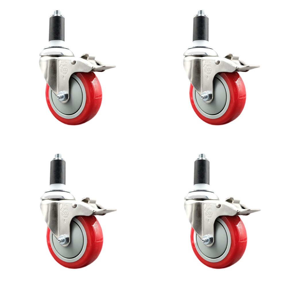 Polyurethane Swivel Stem Caster Set of 4 with 4 Inch Red Caster Wheels - 1-3/8" Expanding Stems - 316 Stainless Steel Casters - Includes 4 Swivel Casters with Total Lock Brakes- Service Caster Brand — photo 1