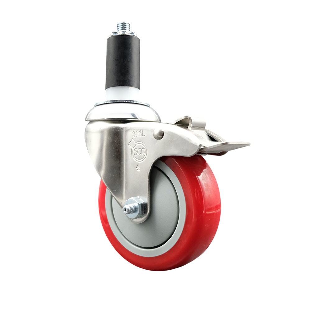 Polyurethane Swivel Stem Caster with 4 Inch Red Caster Wheel and Total Lock Brake - 1-3/8" Expanding Stem - 316 Stainless Steel Caster - 350 lbs. Capacity Per Caster - Service Caster Brand — photo 1