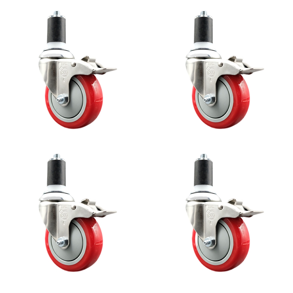 Polyurethane Swivel Stem Caster Set of 4 with 4 Inch Red Caster Wheels - 1-5/8" Expanding Stems - 316 Stainless Steel Casters - Includes 4 Swivel Casters with Total Lock Brakes- Service Caster Brand — photo 1