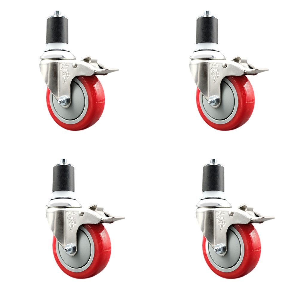 Polyurethane Swivel Stem Caster Set of 4 with 4 Inch Red Caster Wheels - 1-7/8" Expanding Stems - 316 Stainless Steel Casters - Includes 4 Swivel Casters with Total Lock Brakes- Service Caster Brand — photo 1