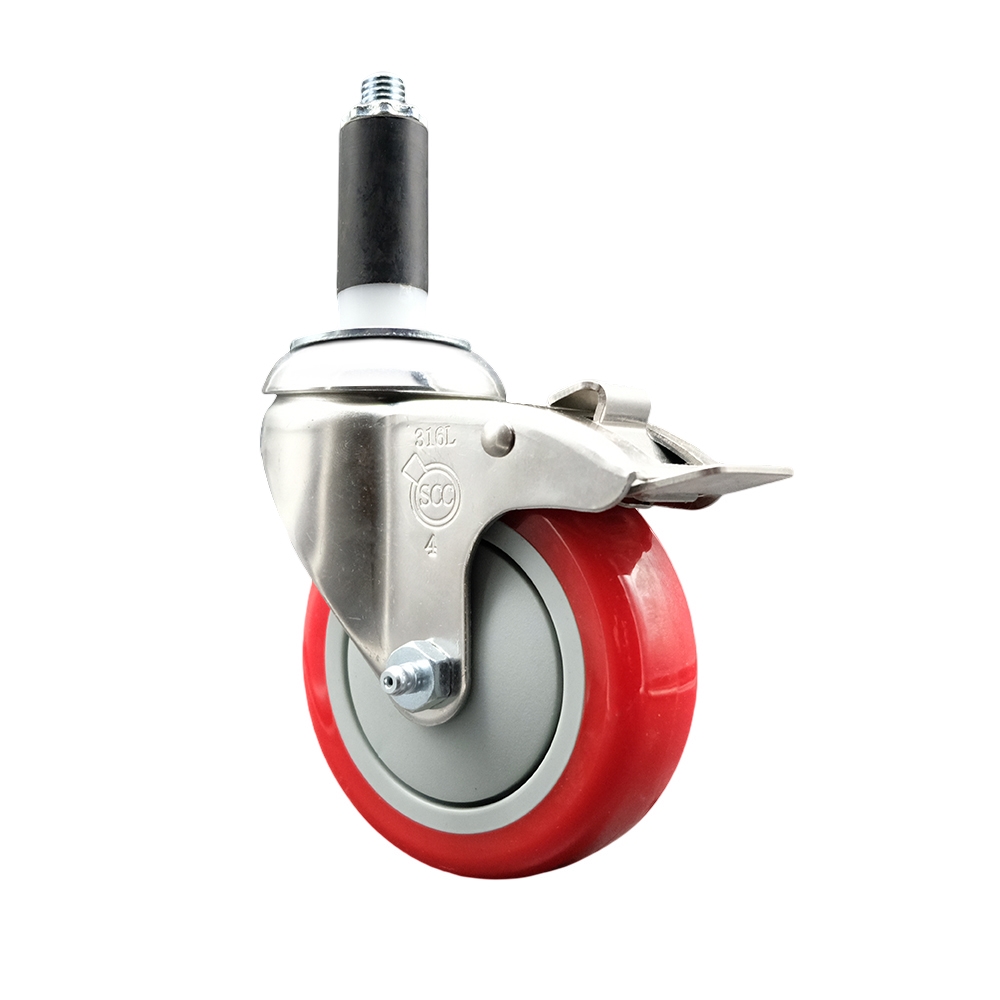 Polyurethane Swivel Stem Caster with 4 Inch Red Caster Wheel and Total Lock Brake - 1" Expanding Stem - 316 Stainless Steel Caster - 350 lbs. Capacity Per Caster - Service Caster Brand — photo 1