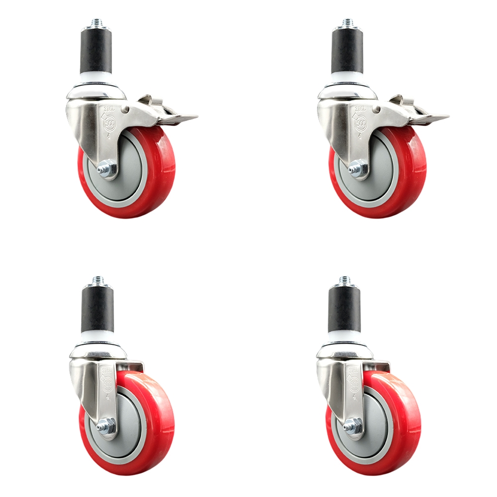 Polyurethane Swivel Stem Caster Set of 4 with 4 Inch Red Caster Wheels - 1-1/2" Expanding Stem -316 Stainless Steel Casters-Includes 2 Swivel with Total Lock Brakes and 2 Swivel-Service Caster Brand — photo 1