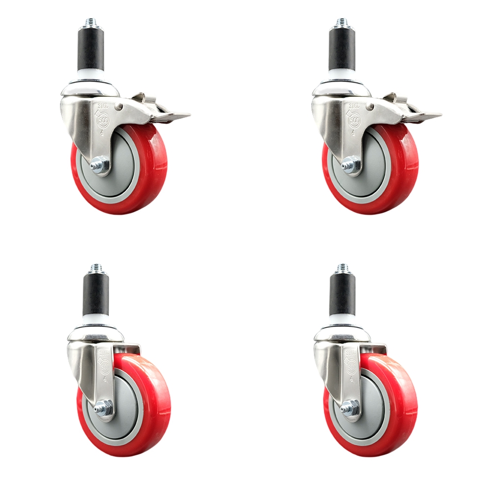 Polyurethane Swivel Stem Caster Set of 4 with 4 Inch Red Caster Wheels - 1-1/4" Expanding Stem -316 Stainless Steel Casters-Includes 2 Swivel with Total Lock Brakes and 2 Swivel-Service Caster Brand — photo 1
