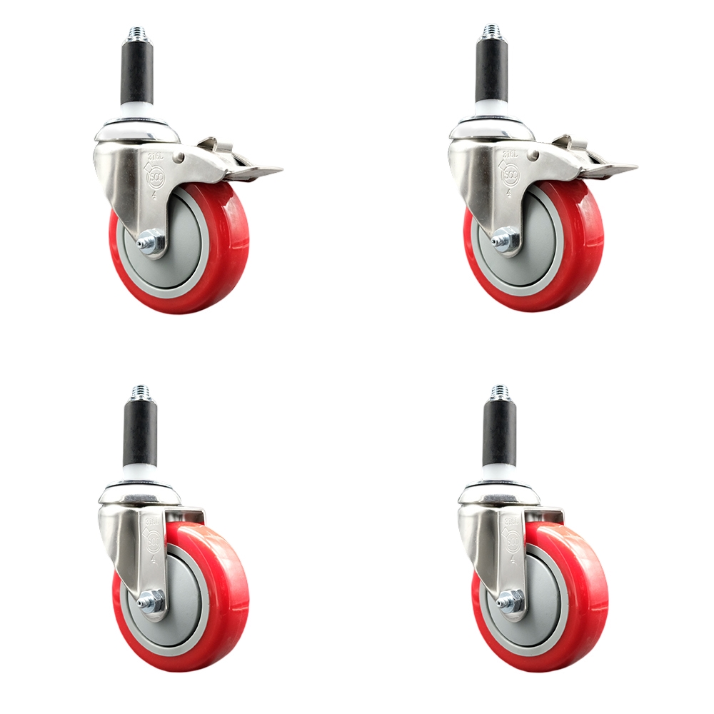 Polyurethane Swivel Stem Caster Set of 4 with 4 Inch Red Caster Wheels - 1-1/8" Expanding Stem -316 Stainless Steel Casters-Includes 2 Swivel with Total Lock Brakes and 2 Swivel-Service Caster Brand — photo 1