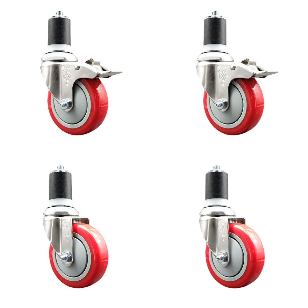 Polyurethane Swivel Stem Caster Set of 4 with 4 Inch Red Caster Wheels - 1-3/4" Expanding Stem -316 Stainless Steel Casters-Includes 2 Swivel with Total Lock Brakes and 2 Swivel-Service Caster Brand — photo 1