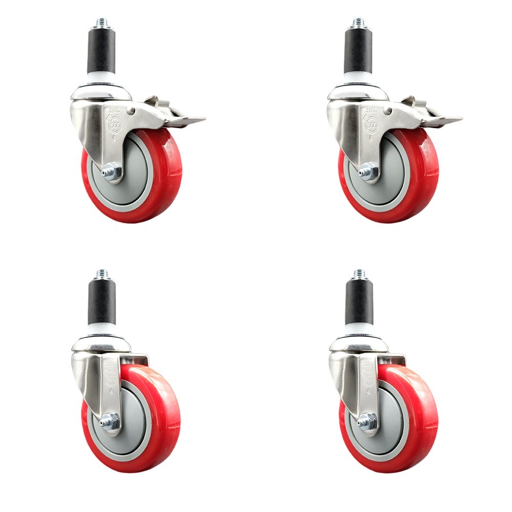 Polyurethane Swivel Stem Caster Set of 4 with 4 Inch Red Caster Wheels - 1-3/8" Expanding Stem -316 Stainless Steel Casters-Includes 2 Swivel with Total Lock Brakes and 2 Swivel-Service Caster Brand — photo 1