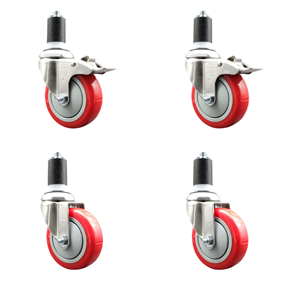 Polyurethane Swivel Stem Caster Set of 4 with 4 Inch Red Caster Wheels - 1-5/8" Expanding Stem -316 Stainless Steel Casters-Includes 2 Swivel with Total Lock Brakes and 2 Swivel-Service Caster Brand — photo 1