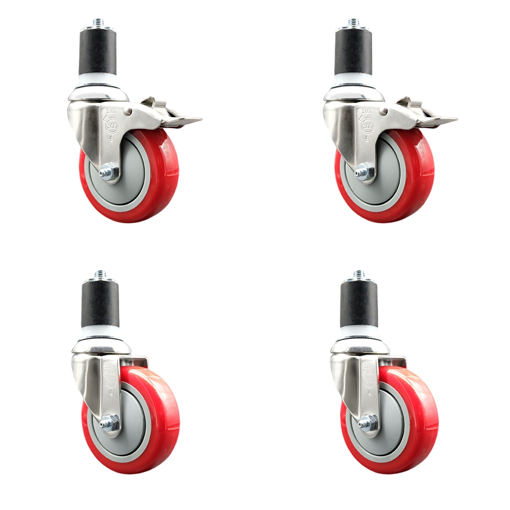 Polyurethane Swivel Stem Caster Set of 4 with 4 Inch Red Caster Wheels - 1-7/8" Expanding Stem -316 Stainless Steel Casters-Includes 2 Swivel with Total Lock Brakes and 2 Swivel-Service Caster Brand — photo 1