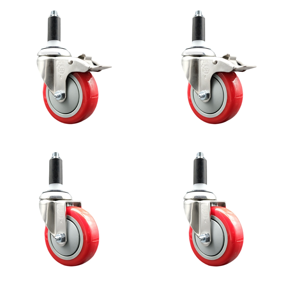 Polyurethane Swivel Stem Caster Set of 4 with 4 Inch Red Caster Wheels - 1" Expanding Stem -316 Stainless Steel Casters - Includes 2 Swivel with Total Lock Brakes and 2 Swivel - Service Caster Brand — photo 1