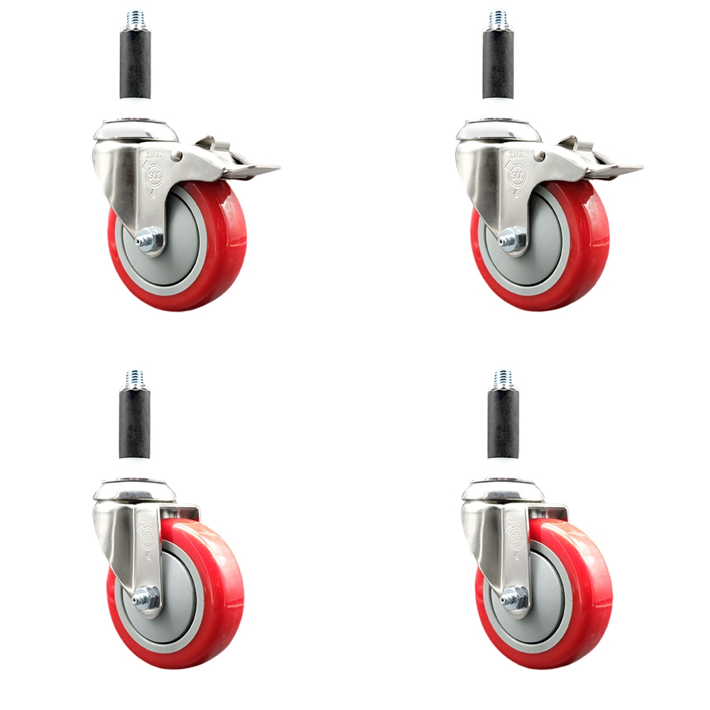 Polyurethane Swivel Stem Caster Set of 4 with 4 Inch Red Caster Wheels - 3/4" Expanding Stem -316 Stainless Steel Casters - Includes 2 Swivel with Total Lock Brakes and 2 Swivel-Service Caster Brand — photo 1