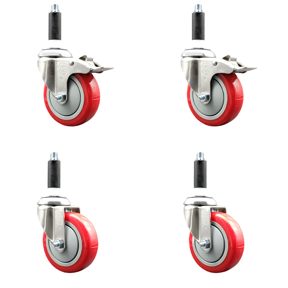 Polyurethane Swivel Stem Caster Set of 4 with 4 Inch Red Caster Wheels - 7/8" Expanding Stem -316 Stainless Steel Casters - Includes 2 Swivel with Total Lock Brakes and 2 Swivel-Service Caster Brand — photo 1