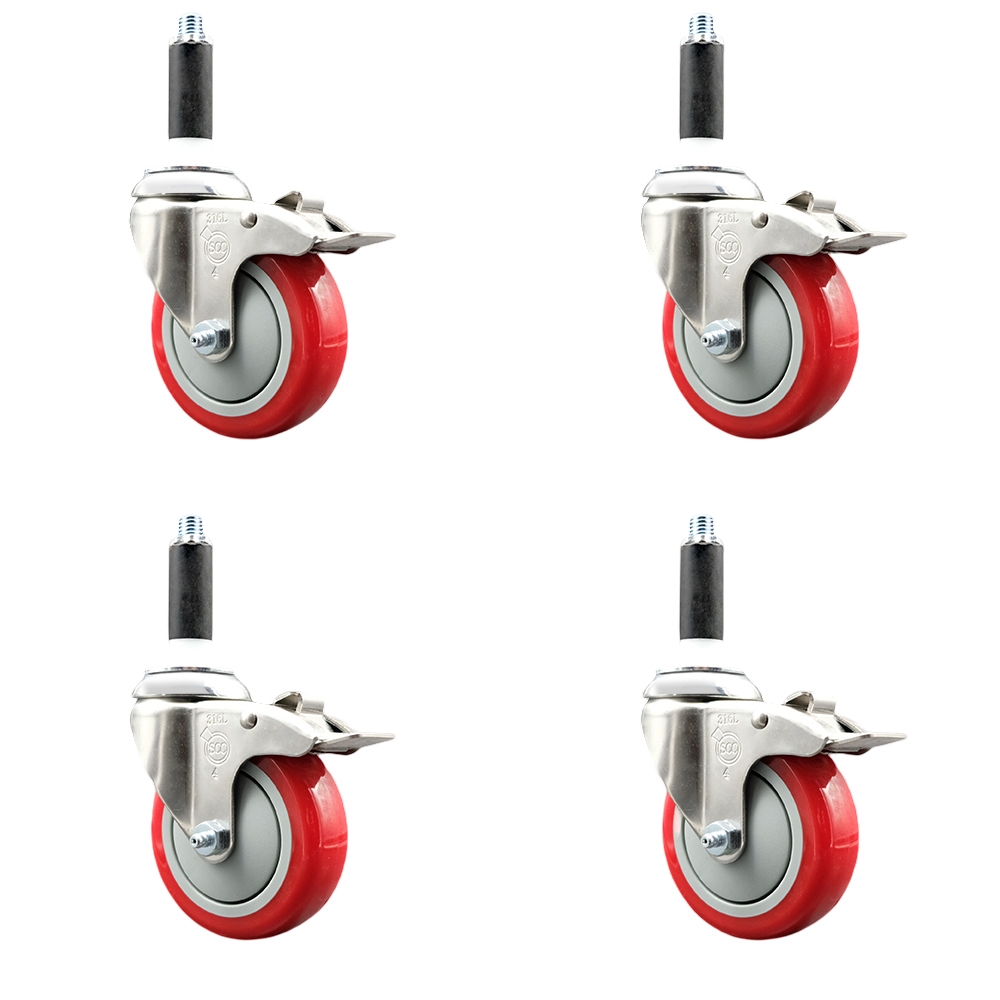 Polyurethane Swivel Stem Caster Set of 4 with 4 Inch Red Caster Wheels - 3/4" Expanding Stems - 316 Stainless Steel Casters - Includes 4 Swivel Casters with Total Lock Brakes - Service Caster Brand — photo 1