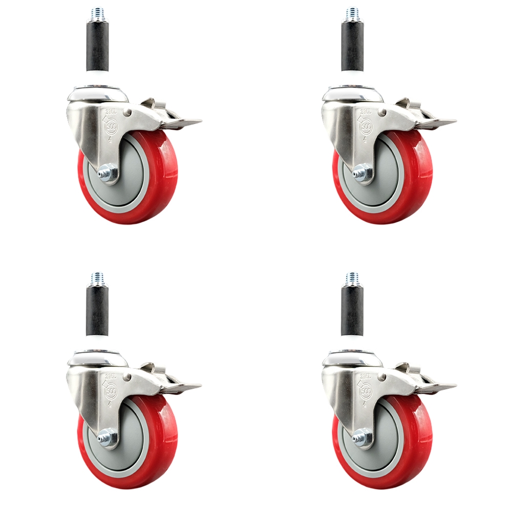 Polyurethane Swivel Stem Caster Set of 4 with 4 Inch Red Caster Wheels - 7/8" Expanding Stems - 316 Stainless Steel Casters - Includes 4 Swivel Casters with Total Lock Brakes - Service Caster Brand — photo 1
