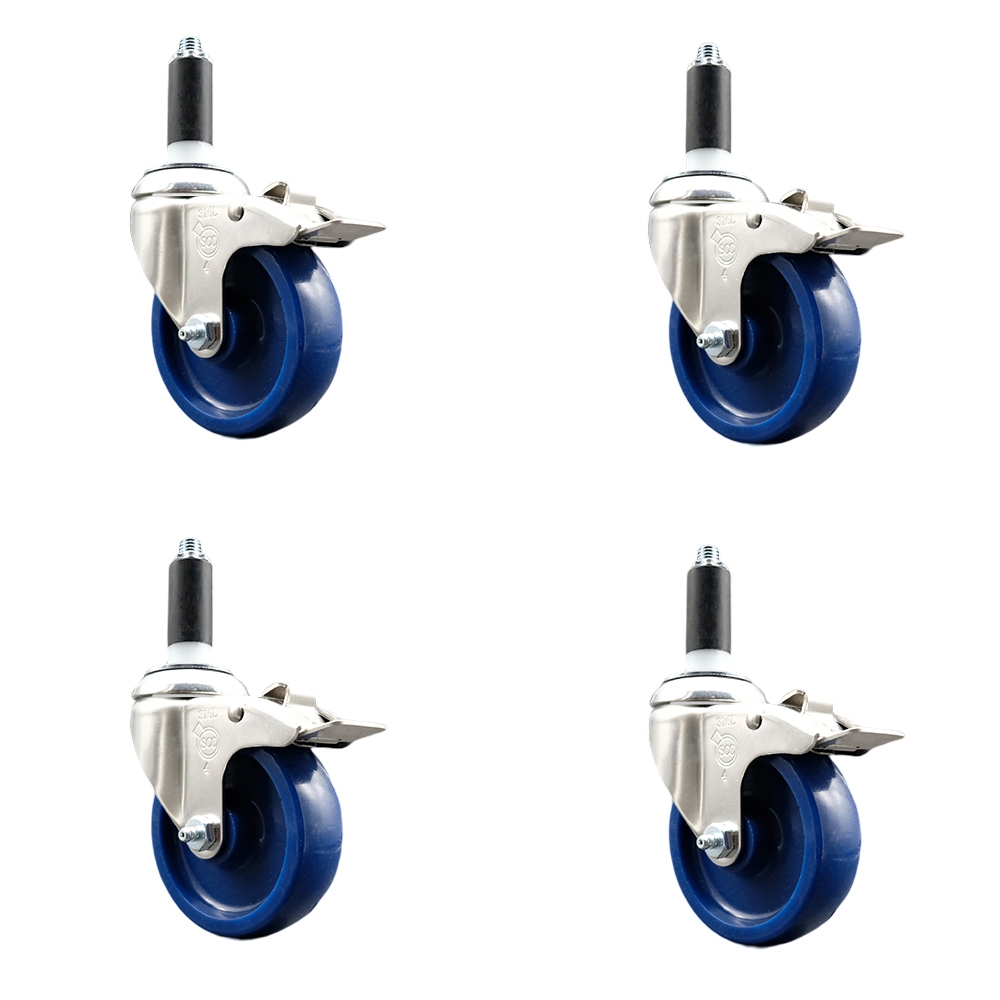 Solid Polyurethane Swivel Stem Caster Set of 4 with 4 Inch Blue Caster Wheels - 1" Expanding Stems-316 Stainless Steel Casters - Includes 4 Swivel Casters with Total Lock Brakes - Service Caster Brand — photo 1