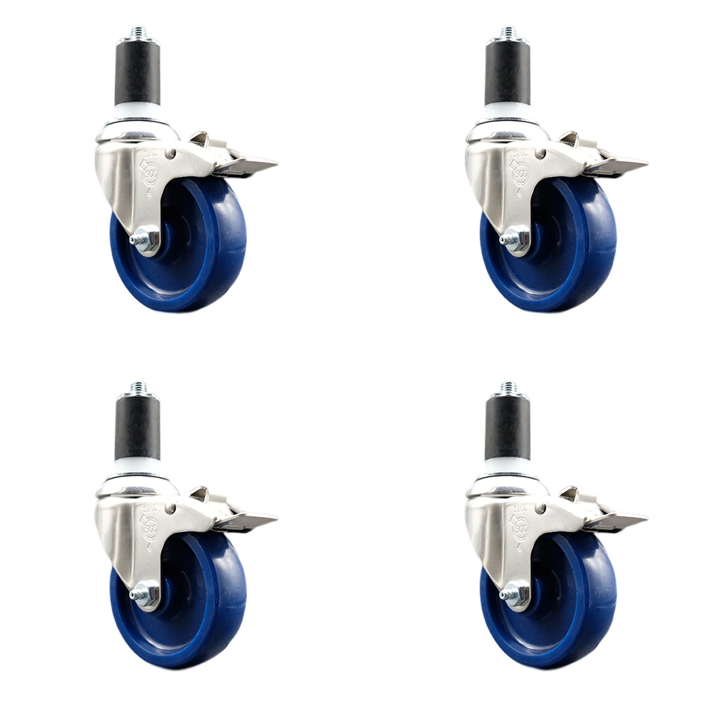 Solid Polyurethane Swivel Stem Caster Set of 4 with 4 Inch Blue Caster Wheels - 1-1/2" Expanding Stems-316 Stainless Steel Casters-Includes 4 Swivel Casters with Total Lock Brakes-Service Caster Brand — photo 1