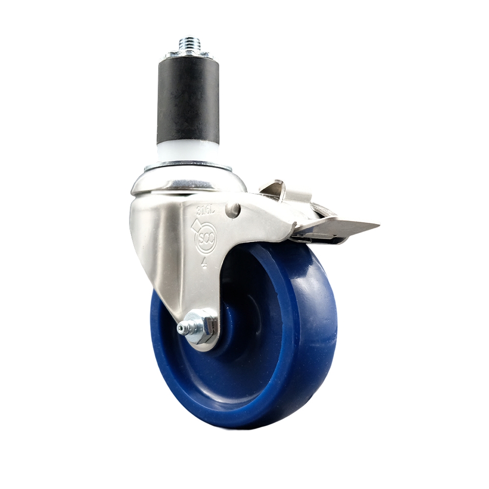 Solid Polyurethane Swivel Stem Caster with 4 Inch Blue Caster Wheel and Total Lock Brake - 1-1/2" Expanding Stem - 316 Stainless Steel Caster - 300 lbs. Capacity Per Caster - Service Caster Brand — photo 1