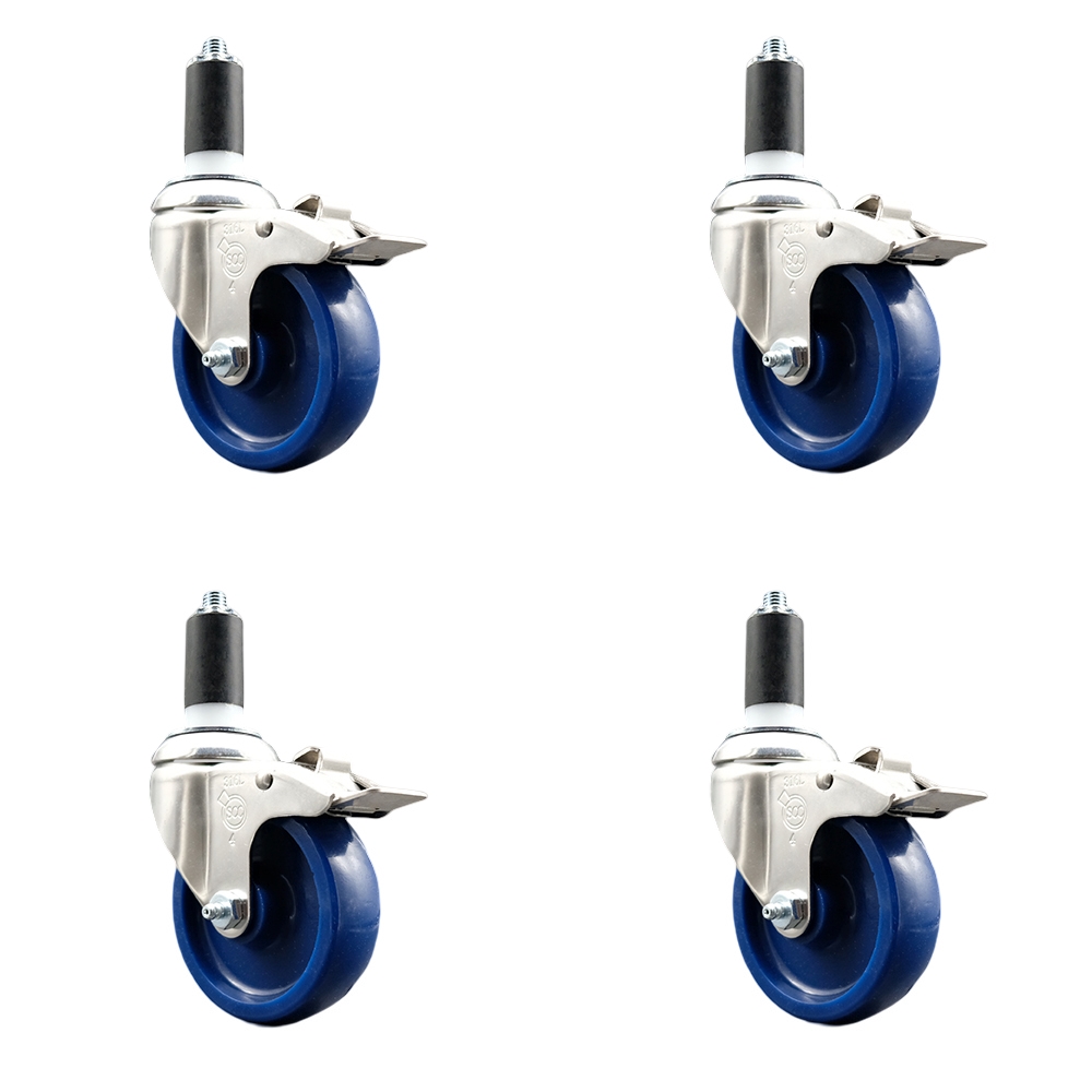 Solid Polyurethane Swivel Stem Caster Set of 4 with 4 Inch Blue Caster Wheels - 1-1/4" Expanding Stems-316 Stainless Steel Casters-Includes 4 Swivel Casters with Total Lock Brakes-Service Caster Brand — photo 1