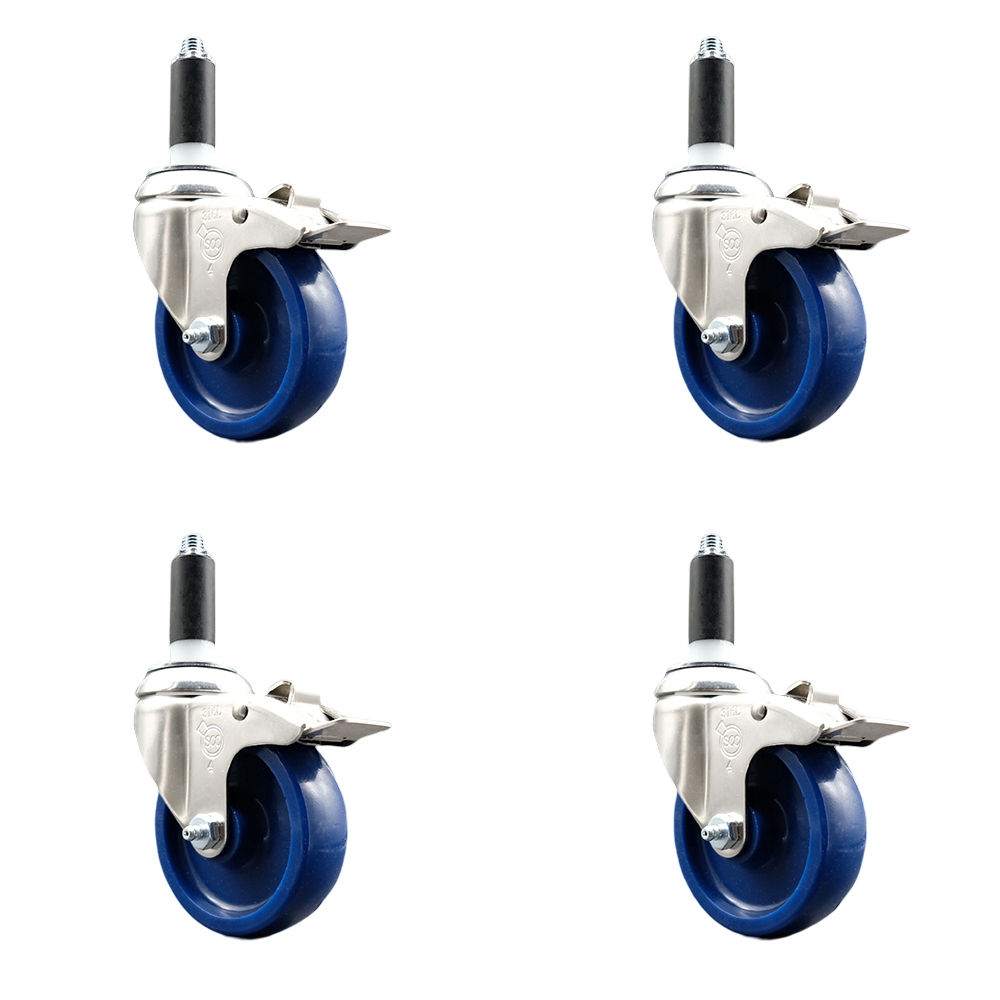 Solid Polyurethane Swivel Stem Caster Set of 4 with 4 Inch Blue Caster Wheels - 1-1/8" Expanding Stems-316 Stainless Steel Casters-Includes 4 Swivel Casters with Total Lock Brakes-Service Caster Brand — photo 1