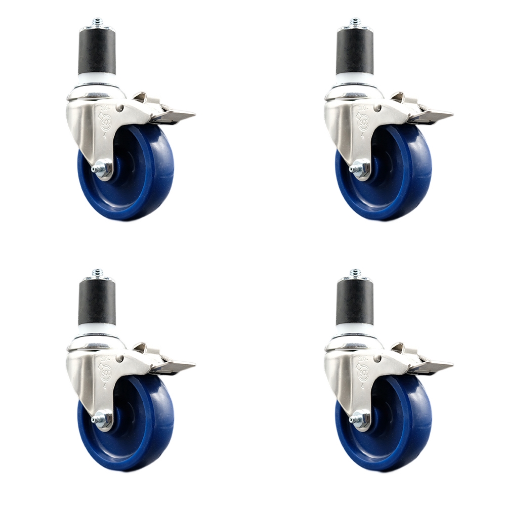 Solid Polyurethane Swivel Stem Caster Set of 4 with 4 Inch Blue Caster Wheels - 1-3/4" Expanding Stems-316 Stainless Steel Casters-Includes 4 Swivel Casters with Total Lock Brakes-Service Caster Brand — photo 1