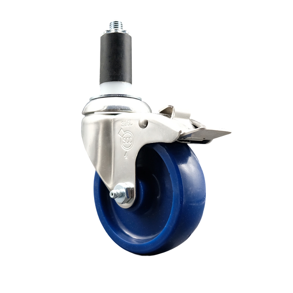 Solid Polyurethane Swivel Stem Caster with 4 Inch Blue Caster Wheel and Total Lock Brake - 1-3/8" Expanding Stem - 316 Stainless Steel Caster - 300 lbs. Capacity Per Caster - Service Caster Brand — photo 1