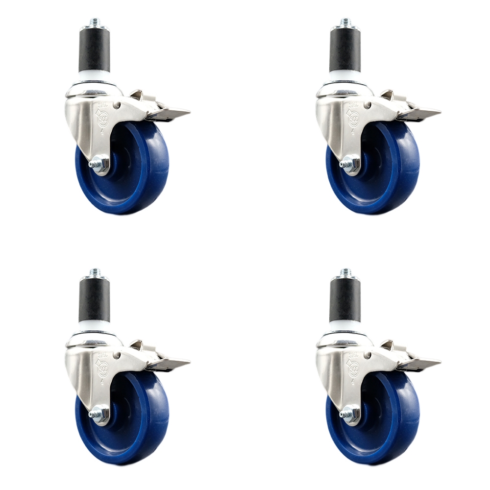 Solid Polyurethane Swivel Stem Caster Set of 4 with 4 Inch Blue Caster Wheels - 1-5/8" Expanding Stems-316 Stainless Steel Casters-Includes 4 Swivel Casters with Total Lock Brakes-Service Caster Brand — photo 1