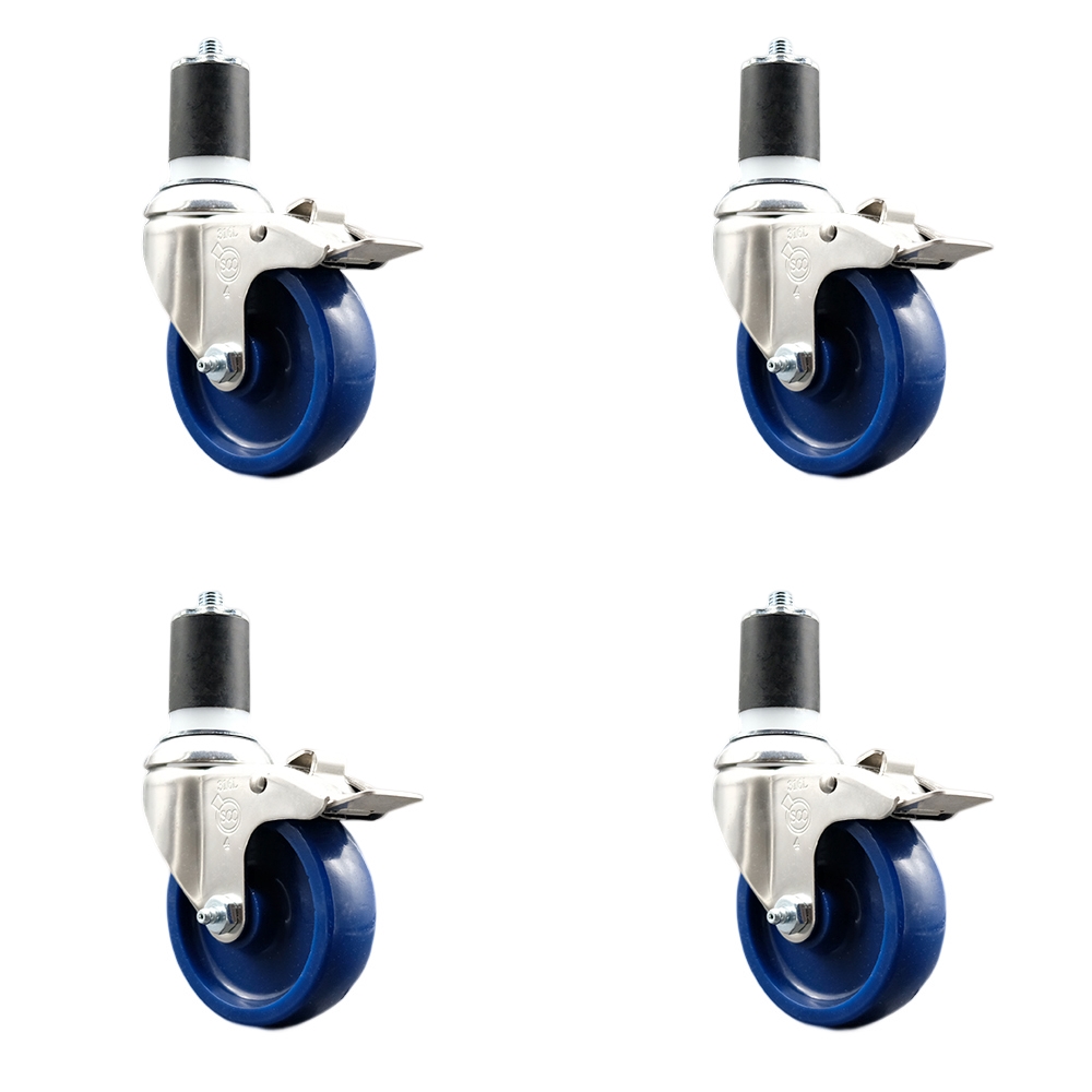 Solid Polyurethane Swivel Stem Caster Set of 4 with 4 Inch Blue Caster Wheels - 1-7/8" Expanding Stems-316 Stainless Steel Casters-Includes 4 Swivel Casters with Total Lock Brakes-Service Caster Brand — photo 1