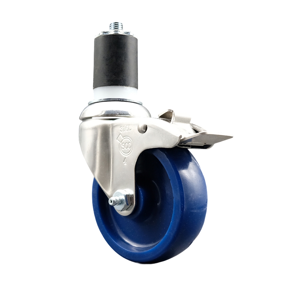 Solid Polyurethane Swivel Stem Caster with 4 Inch Blue Caster Wheel and Total Lock Brake - 1-7/8" Expanding Stem - 316 Stainless Steel Caster - 300 lbs. Capacity Per Caster - Service Caster Brand — photo 1