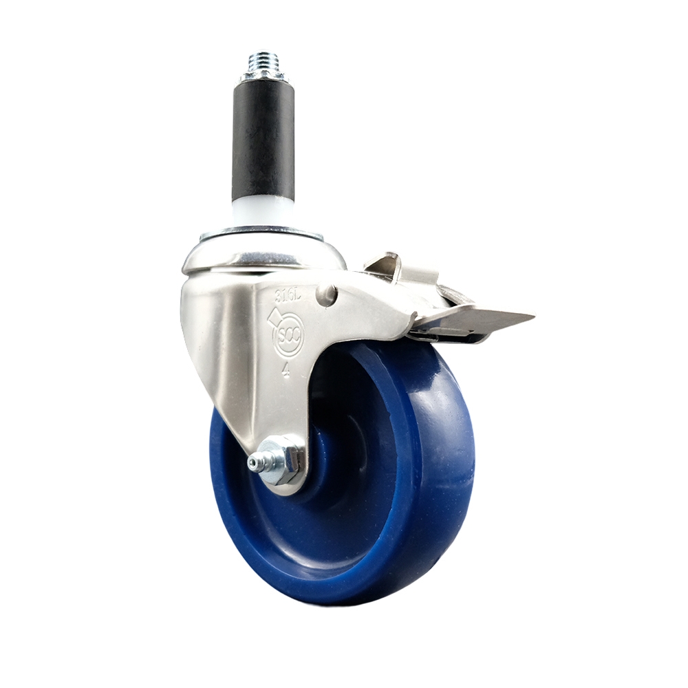 Solid Polyurethane Swivel Stem Caster with 4 Inch Blue Caster Wheel and Total Lock Brake - 1" Expanding Stem - 316 Stainless Steel Caster - 300 lbs. Capacity Per Caster - Service Caster Brand — photo 1