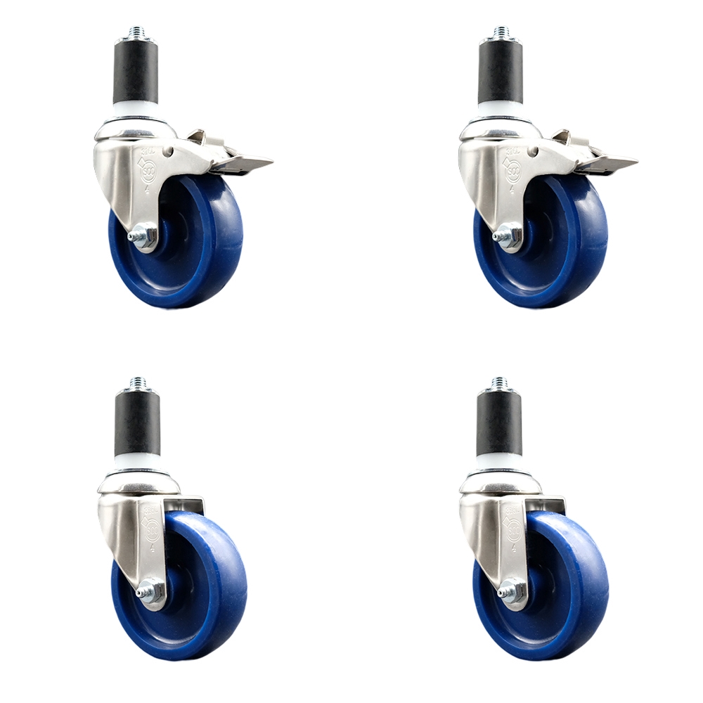 Solid Poly Swivel Stem Caster Set of 4 with 4 Inch Blue Caster Wheels - 1-1/2" Expanding Stem - 316 Stainless Steel Casters - Includes 2 Swivel with Total Lock Brakes and 2 Swivel-Service Caster Brand — photo 1