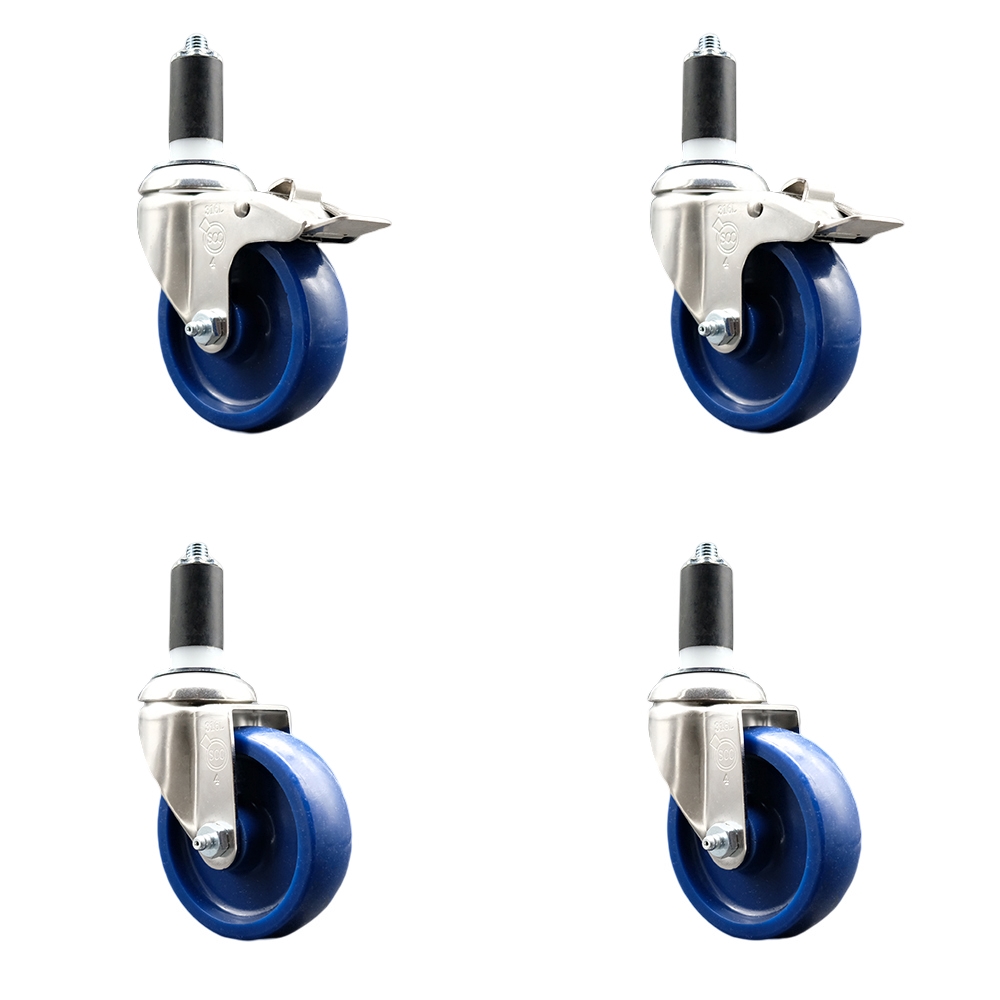Solid Poly Swivel Stem Caster Set of 4 with 4 Inch Blue Caster Wheels - 1-1/4" Expanding Stem - 316 Stainless Steel Casters - Includes 2 Swivel with Total Lock Brakes and 2 Swivel-Service Caster Brand — photo 1