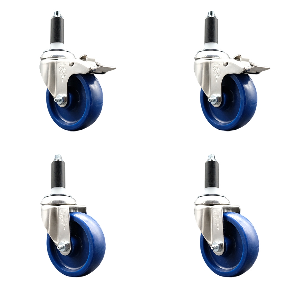 Solid Poly Swivel Stem Caster Set of 4 with 4 Inch Blue Caster Wheels - 1-1/8" Expanding Stem - 316 Stainless Steel Casters - Includes 2 Swivel with Total Lock Brakes and 2 Swivel-Service Caster Brand — photo 1