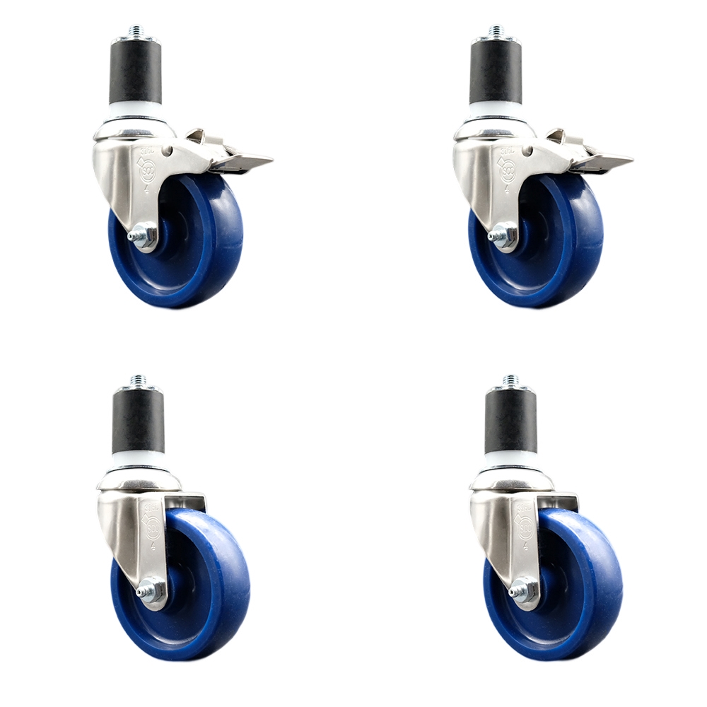 Solid Poly Swivel Stem Caster Set of 4 with 4 Inch Blue Caster Wheels - 1-3/4" Expanding Stem - 316 Stainless Steel Casters - Includes 2 Swivel with Total Lock Brakes and 2 Swivel-Service Caster Brand — photo 1