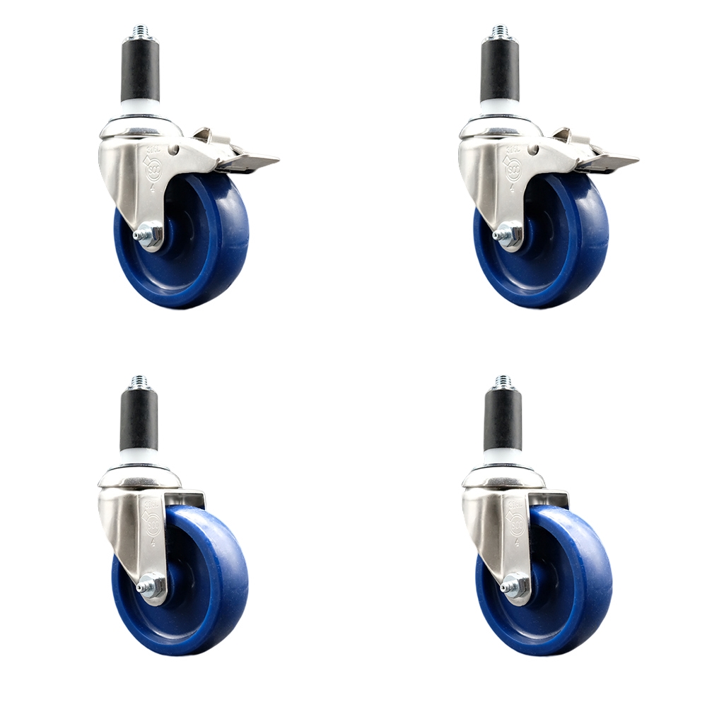 Solid Poly Swivel Stem Caster Set of 4 with 4 Inch Blue Caster Wheels - 1-3/8" Expanding Stem - 316 Stainless Steel Casters - Includes 2 Swivel with Total Lock Brakes and 2 Swivel-Service Caster Brand — photo 1