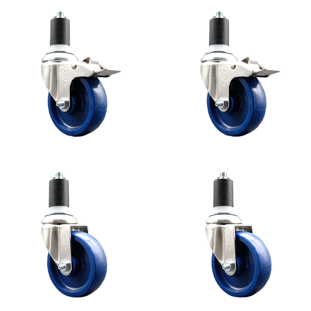 Solid Poly Swivel Stem Caster Set of 4 with 4 Inch Blue Caster Wheels - 1-5/8" Expanding Stem - 316 Stainless Steel Casters - Includes 2 Swivel with Total Lock Brakes and 2 Swivel-Service Caster Brand — photo 1