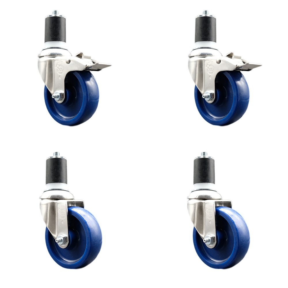 Solid Poly Swivel Stem Caster Set of 4 with 4 Inch Blue Caster Wheels - 1-7/8" Expanding Stem - 316 Stainless Steel Casters - Includes 2 Swivel with Total Lock Brakes and 2 Swivel-Service Caster Brand — photo 1