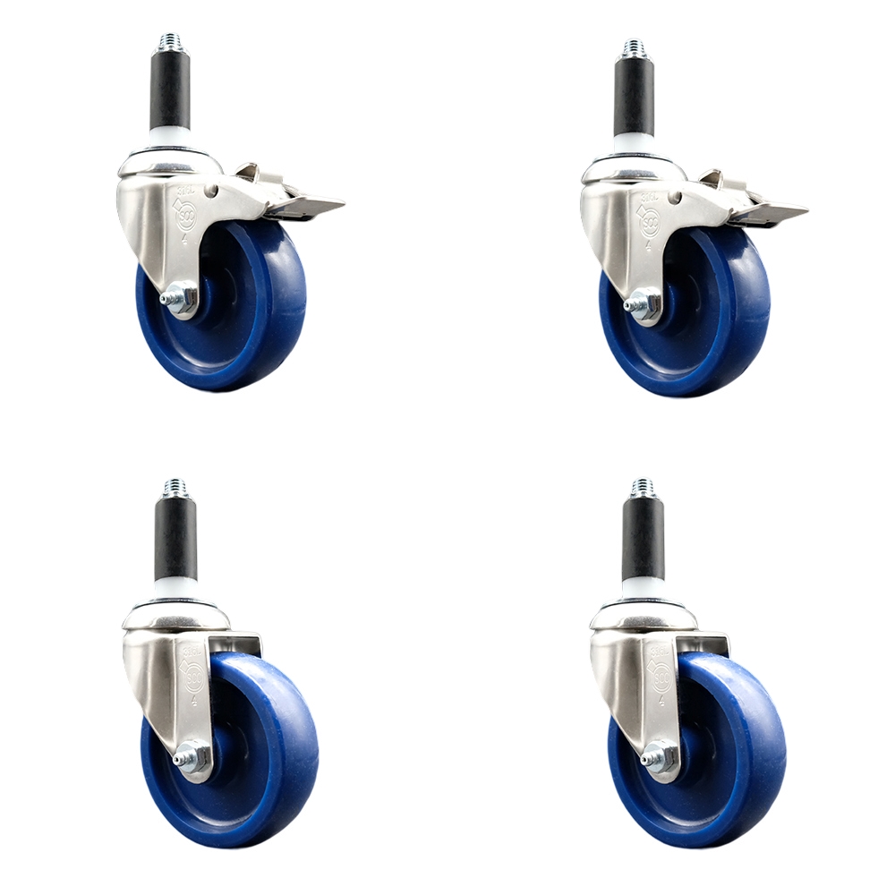 Solid Poly Swivel Stem Caster Set of 4 with 4 Inch Blue Caster Wheels - 1" Expanding Stem - 316 Stainless Steel Casters - Includes 2 Swivel with Total Lock Brakes and 2 Swivel - Service Caster Brand — photo 1