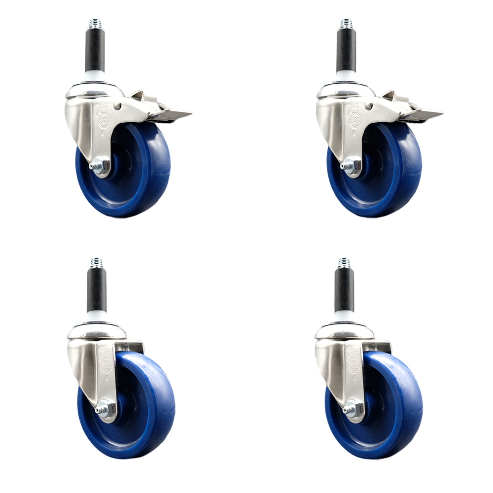Solid Poly Swivel Stem Caster Set of 4 with 4 Inch Blue Caster Wheels - 3/4" Expanding Stem - 316 Stainless Steel Casters - Includes 2 Swivel with Total Lock Brakes and 2 Swivel - Service Caster Brand — photo 1