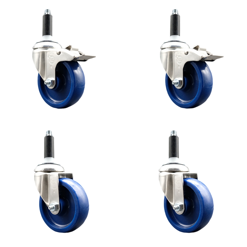 Solid Poly Swivel Stem Caster Set of 4 with 4 Inch Blue Caster Wheels - 7/8" Expanding Stem - 316 Stainless Steel Casters - Includes 2 Swivel with Total Lock Brakes and 2 Swivel - Service Caster Brand — photo 1