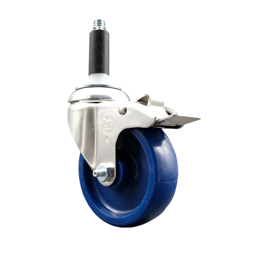 Solid Polyurethane Swivel Stem Caster with 4 Inch Blue Caster Wheel and Total Lock Brake - 3/4" Expanding Stem - 316 Stainless Steel Caster - 300 lbs. Capacity Per Caster - Service Caster Brand — photo 1