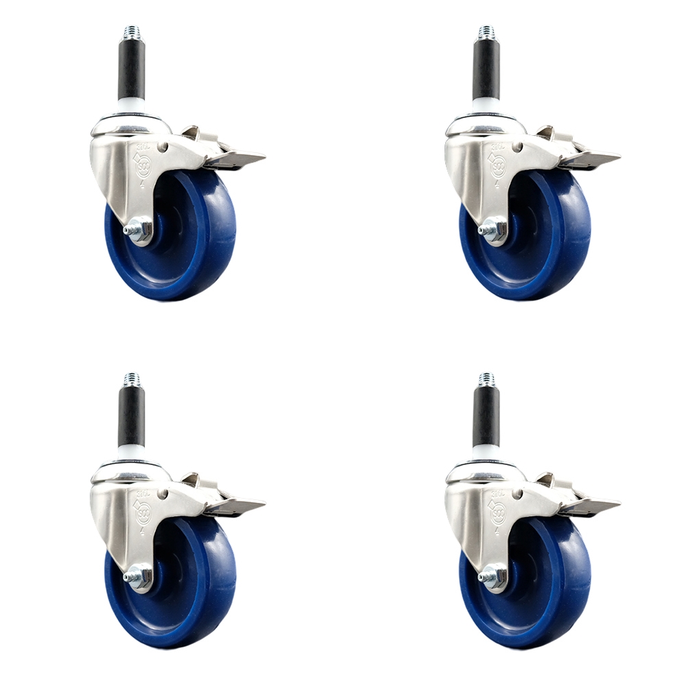 Solid Polyurethane Swivel Stem Caster Set of 4 with 4 Inch Blue Caster Wheels - 7/8" Expanding Stems-316 Stainless Steel Casters - Includes 4 Swivel Casters with Total Lock Brakes-Service Caster Brand — photo 1