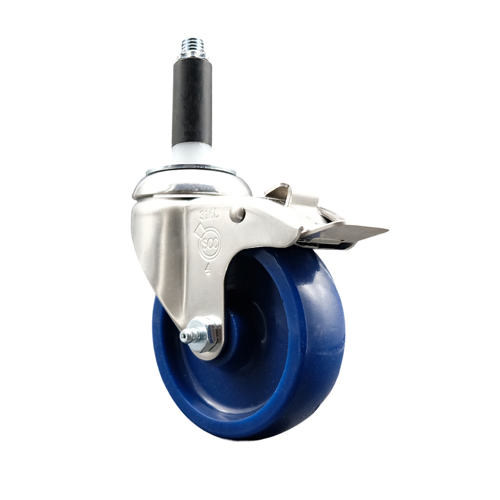 Solid Polyurethane Swivel Stem Caster with 4 Inch Blue Caster Wheel and Total Lock Brake - 7/8" Expanding Stem - 316 Stainless Steel Caster - 300 lbs. Capacity Per Caster - Service Caster Brand — photo 1