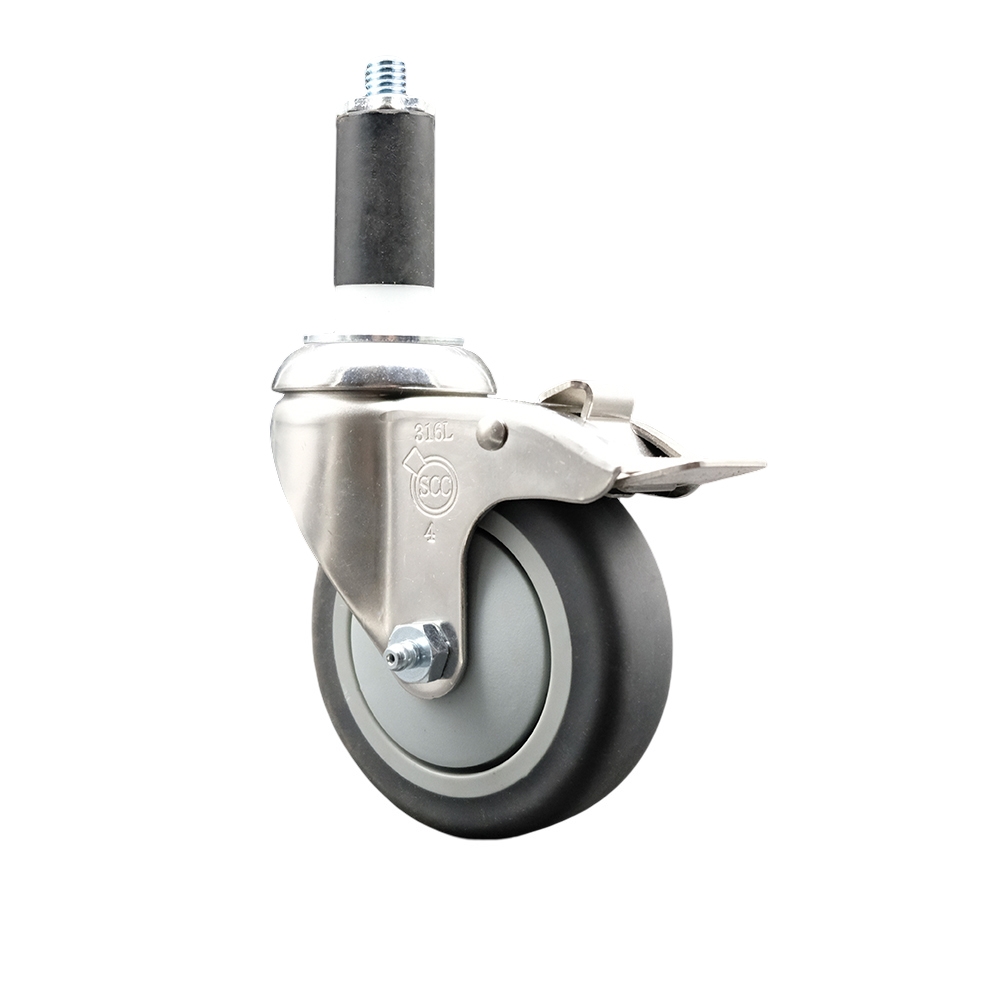 Thermoplastic Rubber Swivel Stem Caster with 4 Inch Gray Caster Wheel and Total Lock Brake - 1-1/4" Expanding Stem - 316 Stainless Steel Caster - 250 lbs. Capacity Per Caster - Service Caster Brand — photo 1