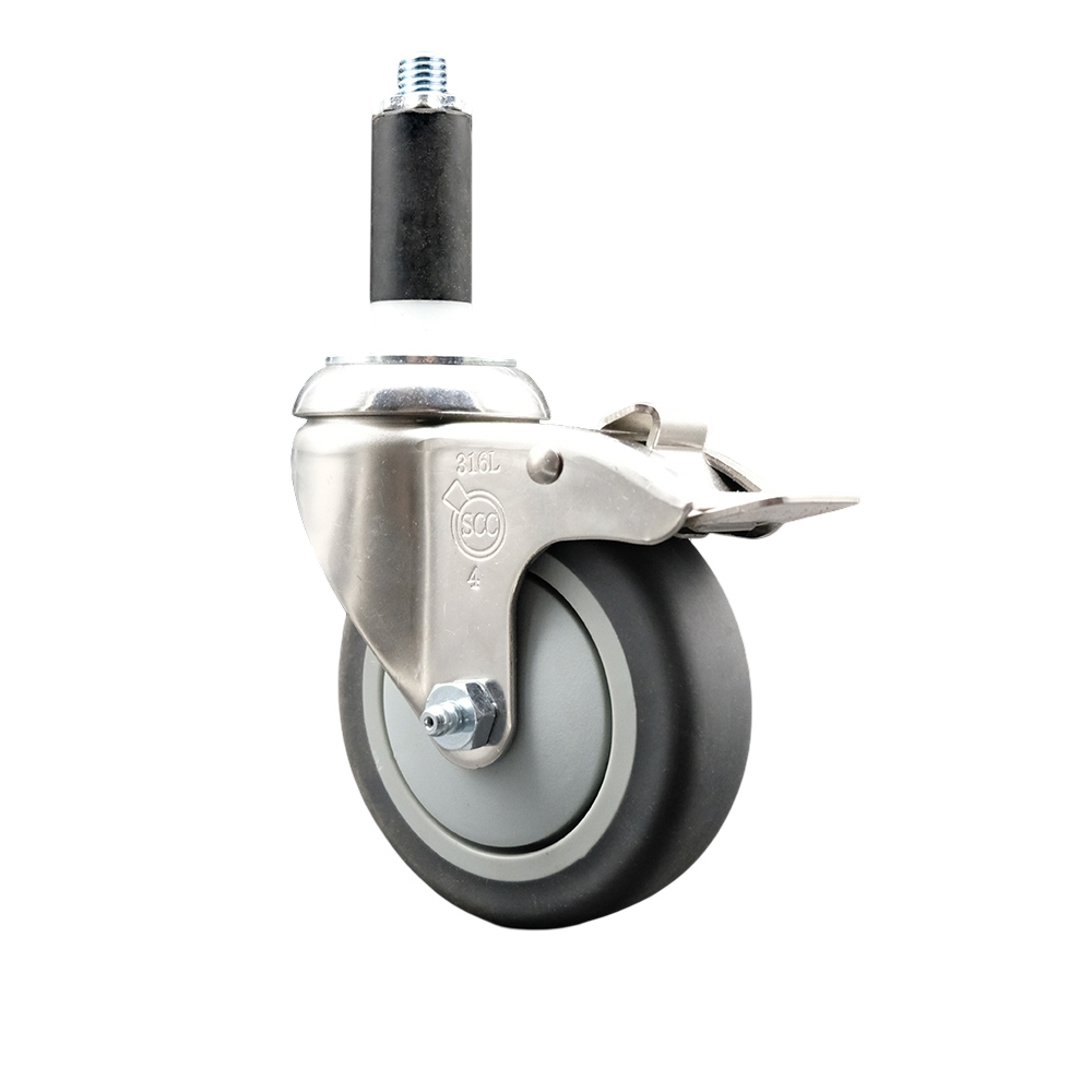 Thermoplastic Rubber Swivel Stem Caster with 4 Inch Gray Caster Wheel and Total Lock Brake - 1-1/8" Expanding Stem - 316 Stainless Steel Caster - 250 lbs. Capacity Per Caster - Service Caster Brand — photo 1