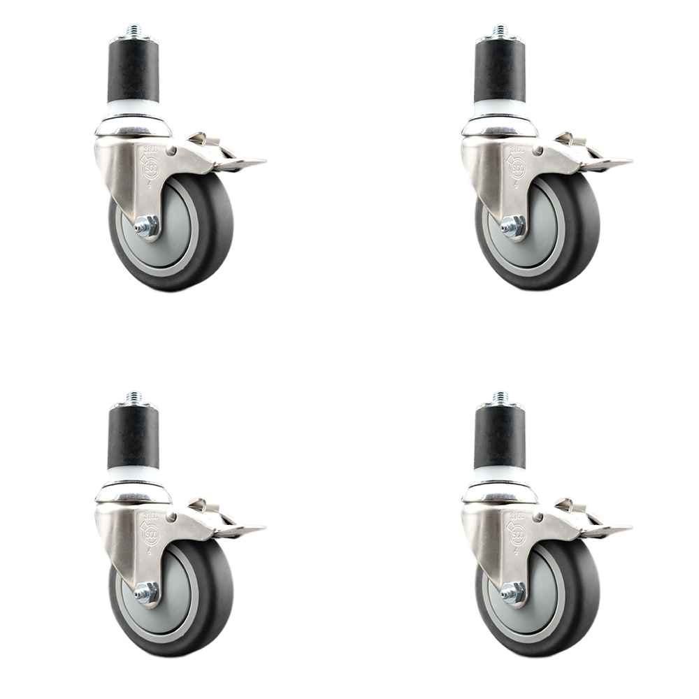 Thermoplastic Rubber Swivel Stem Caster Set of 4 with 4 Inch Caster Wheels - 1-3/4" Expanding Stems - 316 Stainless Steel Casters -Includes 4 Swivel Casters with Total Lock Brakes-Service Caster Brand — photo 1