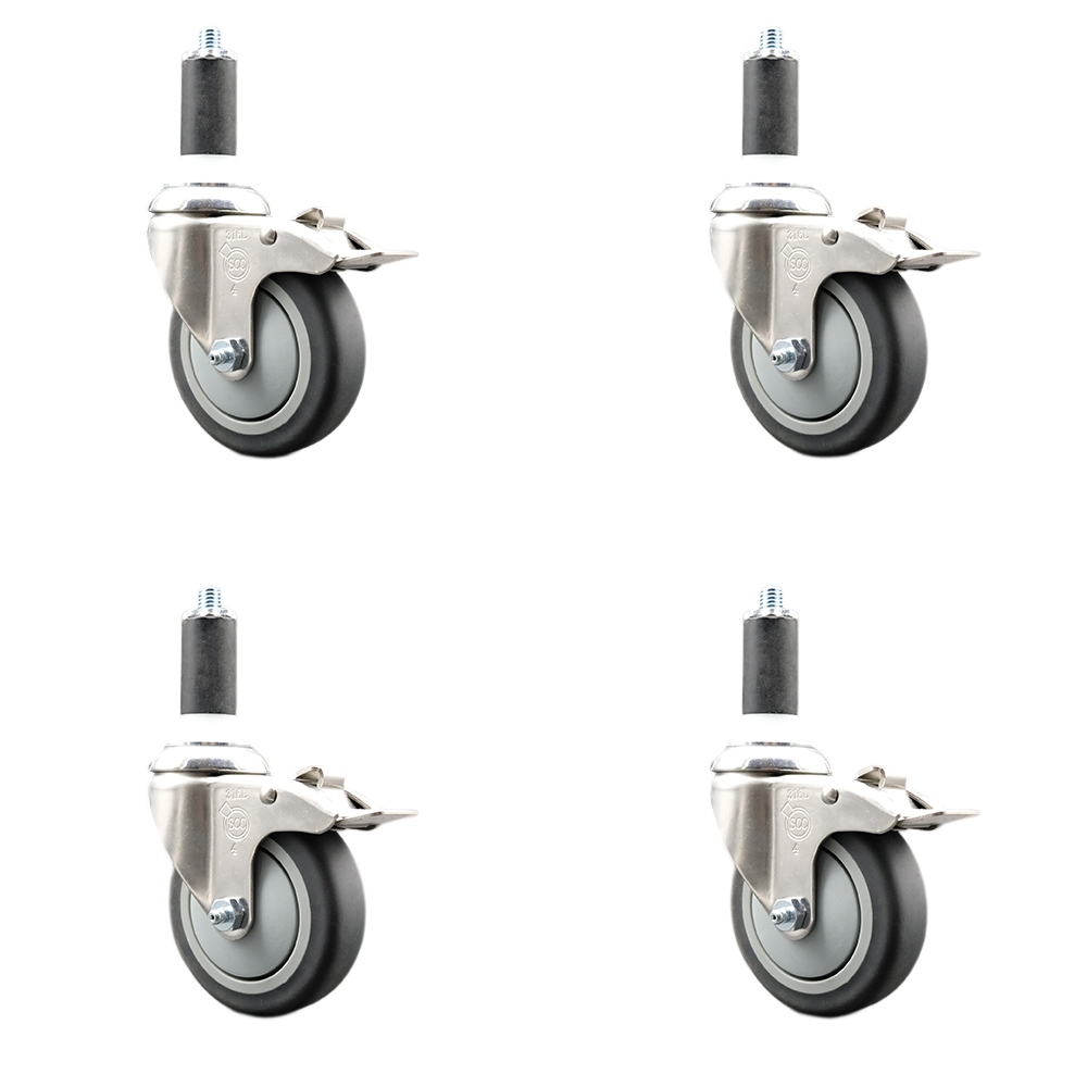 Thermoplastic Rubber Swivel Stem Caster Set of 4 with 4 Inch Caster Wheels - 1-3/8" Expanding Stems - 316 Stainless Steel Casters -Includes 4 Swivel Casters with Total Lock Brakes-Service Caster Brand — photo 1