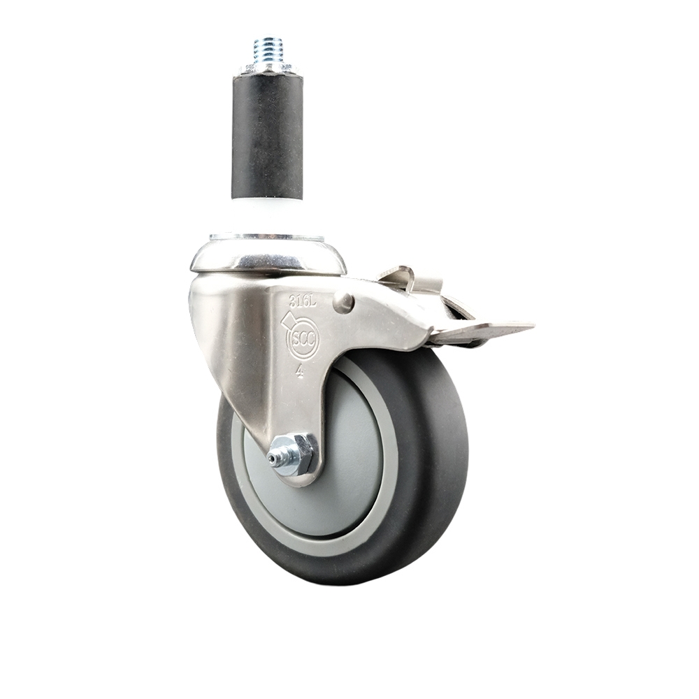 Thermoplastic Rubber Swivel Stem Caster with 4 Inch Gray Caster Wheel and Total Lock Brake - 1-3/8" Expanding Stem - 316 Stainless Steel Caster - 250 lbs. Capacity Per Caster - Service Caster Brand — photo 1